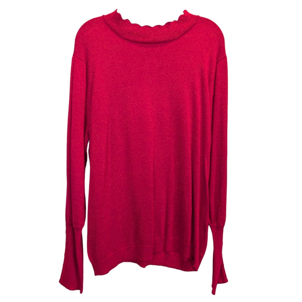 Joseph A Metallic Scalloped Mock Neck Sweater Poinsettia Red
